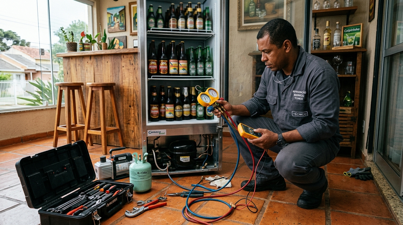 Técnico realizando manutenção de motor de cervejeira em Osasco‑SP